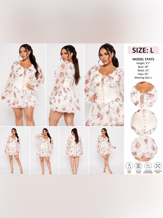 Fashion Nova Dresses & Skirts - NWT Fashion Nova Floral Mini Dress w/ Belt | Lace Up Boned Corset | Cream |